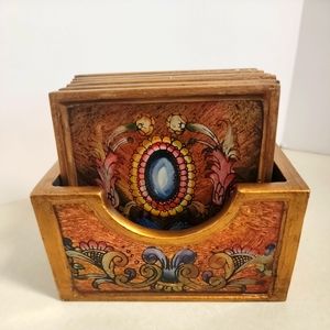 Robert Weiss Hand Painted Wood/Glass Coaster Set (6) with base. Maximalist. VTG